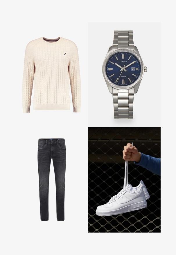 Tejkrém színű kötött pulóver hosszú ujjal és kerek nyakkivágással. Elnyújtott mandzsetták és szegély, az elején egy kis hímzett logóval.; Fekete farmernadrág, szűk szabással, klasszikus öt zsebes dizájnnal, varrott részletekkel és gombos derékkal.; Fehér bőr sportcipők perforációval, kerek orral, lapos talppal és vastag fűzőkkel, látható swoosh logóval és "AIR" felirattal a sarokrészen.; Ezüst színű rozsdamentes acél karóránk sötétkék számlapja van, fém óraszámlálókkal és egy dátumablakkal a 3 órás pozícióban. 50 méterig vízálló.