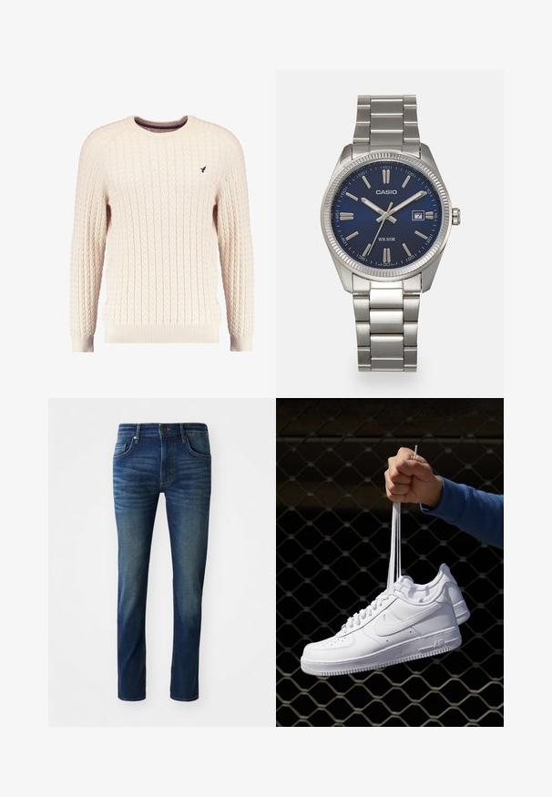 Pulover crem cu tricotaj în corde, cu mâneci lungi și gât rotund. Prezintă manșete și tiv cu nervuri, având un mic logo brodat pe piept.; Jeans din denim albastru închis, cu o croială slim, având cinci buzunare, închidere cu buton în față și o textură ușor decolorată pe picioare.; Adidași albaștri din piele cu perforații, vârf rotund, talpă plată și șireturi groase, cu un logo swoosh vizibil și cu inscripția "AIR" pe toc.; Ceas de mână din oțel inoxidabil argintiu cu un cadran albastru marin, marcaje orare metalice și o fereastră pentru dată la ora 3. Rezistent la apă până la 50 de metri.