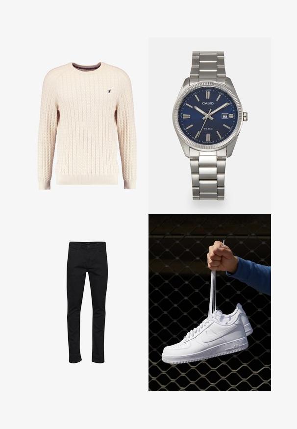 Pulover crem cu tricotaj în corde, cu mâneci lungi și gât rotund. Prezintă manșete și tiv cu nervuri, având un mic logo brodat pe piept.; Blugi negri din denim cu o croială slim, având un design clasic cu cinci buzunare, cusături rezistente și un fermoar cu închidere prin buton.; Adidași albaștri din piele cu perforații, vârf rotund, talpă plată și șireturi groase, cu un logo swoosh vizibil și cu inscripția "AIR" pe toc.; Ceas de mână din oțel inoxidabil argintiu cu un cadran albastru marin, marcaje orare metalice și o fereastră pentru dată la ora 3. Rezistent la apă până la 50 de metri.