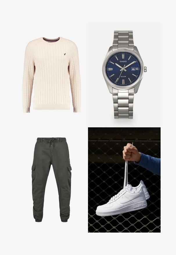 Romige kabelgebreide trui met lange mouwen en een ronde hals. Heeft ribgebreide manchetten en zoom, met een klein geborduurd logo op de borst.; Cargo-broeken in donkergrijze katoen met een elastieken tailleband, verstelbaar trekkoord en meerdere zijzakken. Elastische boorden bij de enkels.; Witte leren sneakers met perforaties, ronde neus, vlakke zool en dikke veters, met een zichtbare swoosh-logo en "AIR" op de hiel.; Zilveren roestvrijstalen horloge met een marineblauwe wijzerplaat, metalen uurmarkeringen en een datumnis op 3 uur. Waterbestendig tot 50 meter.