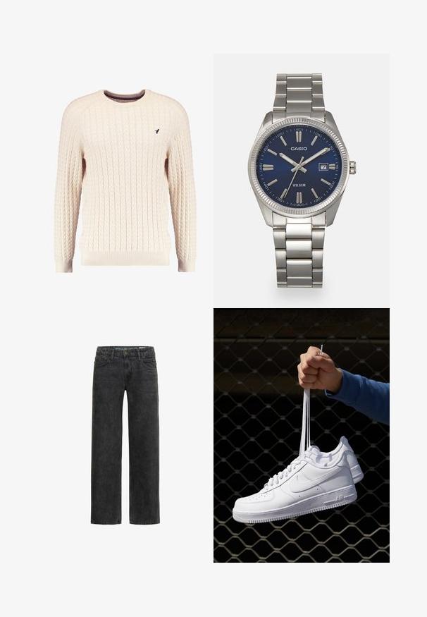 Romige kabelgebreide trui met lange mouwen en een ronde hals. Heeft ribgebreide manchetten en zoom, met een klein geborduurd logo op de borst.; Zwarte denim jeans met een ontspannen pasvorm, rechte pijpen, vijf-pocket ontwerp en een subtiele vervaagde textuur. Voorzien van een knoop- en ritssluiting.; Witte leren sneakers met perforaties, ronde neus, vlakke zool en dikke veters, met een zichtbare swoosh-logo en "AIR" op de hiel.; Zilveren roestvrijstalen horloge met een marineblauwe wijzerplaat, metalen uurmarkeringen en een datumnis op 3 uur. Waterbestendig tot 50 meter.
