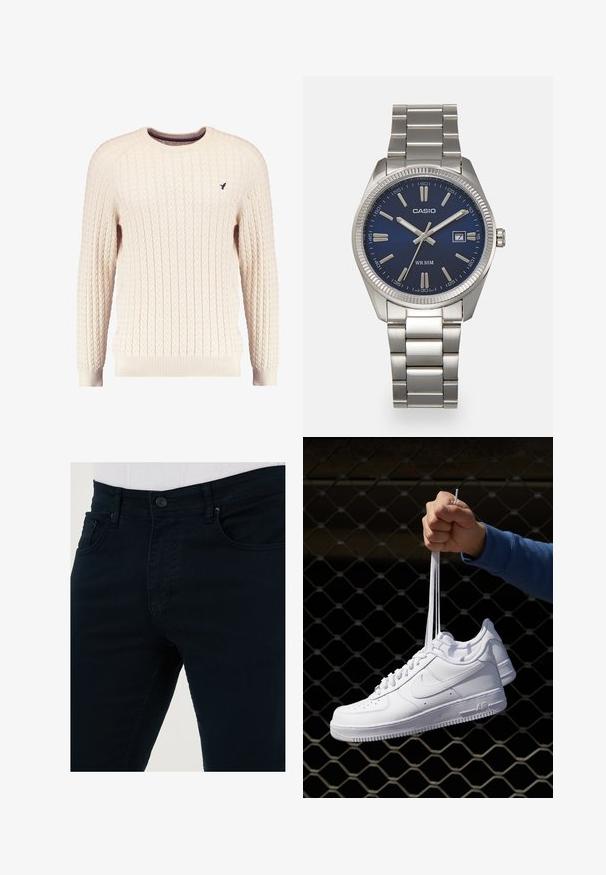 Kream pulover iz kabelskih pletenin z dolgimi rokavi in okroglo izrezom. Opremljen je z rebrastimi manšetami in robom ter s majhnim vezenim logotipom na prsih.; Temno modri kavbojki, izdelani iz bombažnega denima. Imajo klasičen dizajn z gumbom za zapiranje, dvema sprednjima žepoma in gladko teksturo.; Bela usnjena športna obutev s perforacijami, okroglo konico, ravnim podplatom in debelimi vezalkami, z vidnim logotipom smoosh in napisom "AIR" na peti.; Srebrna nerjaveča jeklena ura z modrim številčnico, kovinskimi kazalci ter oknom za datum na 3. uri. Vodoodporna do 50 metrov.