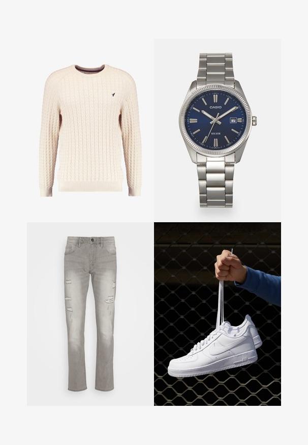 Pulover crem cu tricotaj în corde, cu mâneci lungi și gât rotund. Prezintă manșete și tiv cu nervuri, având un mic logo brodat pe piept.; Jeans din denim gri cu croială dreaptă, cu accente uzate și detalii de rupturi în față. Finalizate cu buzunare standard și sistem de închidere cu nasture.; Adidași albaștri din piele cu perforații, vârf rotund, talpă plată și șireturi groase, cu un logo swoosh vizibil și cu inscripția "AIR" pe toc.; Ceas de mână din oțel inoxidabil argintiu cu un cadran albastru marin, marcaje orare metalice și o fereastră pentru dată la ora 3. Rezistent la apă până la 50 de metri.