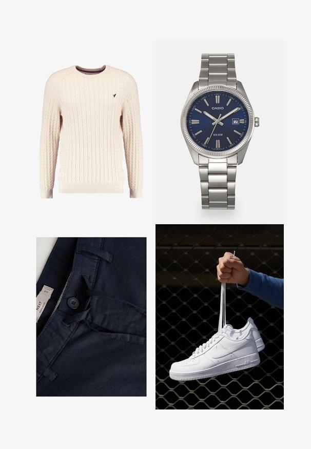 Pull en maille torsadée crème avec manches longues et col ras du cou. Présente des poignets et un ourlet côtelés, avec un petit logo brodé sur la poitrine.; Pantalon bleu marine à la texture lisse, avec une fermeture à bouton, un cordon de serrage et une étiquette. Accents cousus sur le détail de la taille.; Baskets en cuir blanc avec perforations, à bout rond, semelle plate et lacets épais, arborant un logo swoosh visible et "AIR" sur le talon.; Montre-bracelet en acier inoxydable argenté avec un cadran bleu marine, des index métalliques et un affichage de la date à 3 heures. Résistante à l'eau jusqu'à 50 mètres.