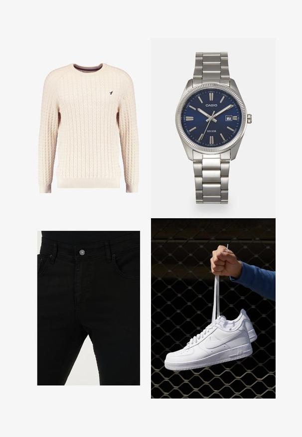 Kream pulover iz kabelskih pletenin z dolgimi rokavi in okroglo izrezom. Opremljen je z rebrastimi manšetami in robom ter s majhnim vezenim logotipom na prsih.; Črne denimske hlače z oprijeto silhueto, klasičnim pet-pocket dizajnom in kovinsko gumbom na pasu. Gladka tekstura.; Bela usnjena športna obutev s perforacijami, okroglo konico, ravnim podplatom in debelimi vezalkami, z vidnim logotipom smoosh in napisom "AIR" na peti.; Srebrna nerjaveča jeklena ura z modrim številčnico, kovinskimi kazalci ter oknom za datum na 3. uri. Vodoodporna do 50 metrov.