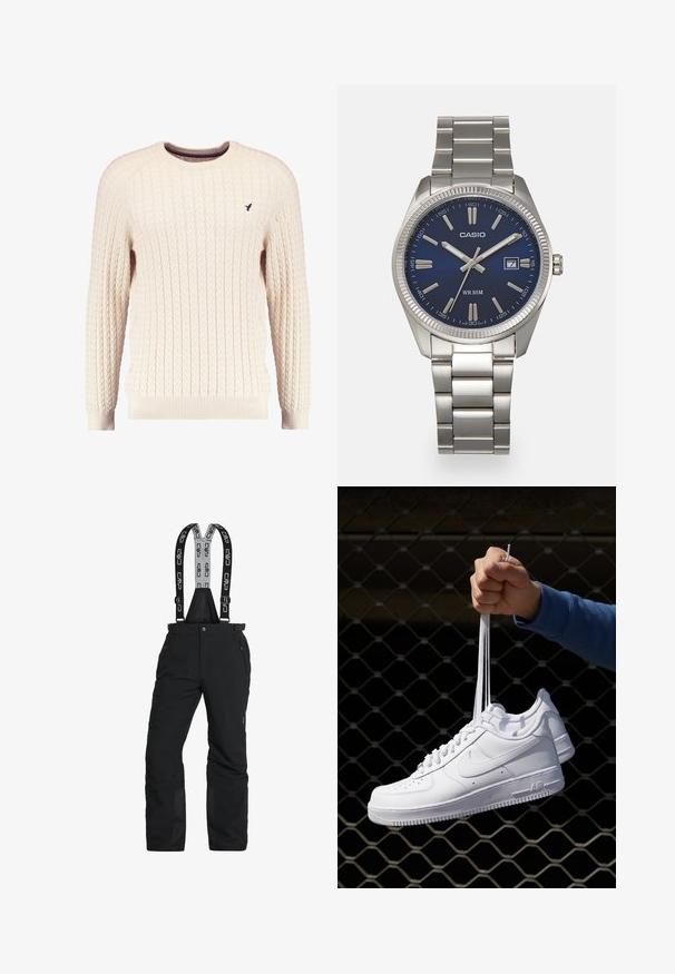 Suéter crema de punto trenzado con mangas largas y escote redondo. Presenta puños y dobladillo acanalados, con un pequeño logo bordado en el pecho.; Pantalones de nieve negros con tirantes ajustables, bolsillos con cremallera y tobillos reforzados. Hechos de material impermeable con una textura suave.; Zapatillas de cuero blanco con perforaciones, punta redonda, suela plana y cordones gruesos, con un logo de swoosh visible y "AIR" en el talón.; Reloj de pulsera de acero inoxidable plateado con una esfera azul marina, marcadores horarios metálicos y una ventana de fecha a las 3 en punto. Resistente al agua hasta 50 metros.