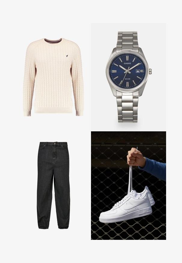 Kreemvärvi kabelikootud sviiter pikkade varrukatega ja ümmarguse kaelusega. Omab soonikuid mansette ja äärt, ning rinnal on väike brodeeritud logo.; Mustad denim püksid relaxed fit lõikega, eesnupu sulgemisega, viie taskuga ja kangale on lisatud peene närbumise detailid.; Valged nahast tennisetossud, millel on perforatsioonid, ümar nina, lame tallus ja paksud nöörid, nähtava swooshi logoga ja "AIR" kontsadel.; Hõbedane roostevabast terasest käekell, tumesinise lõpliku, metallsete tuntud numbrite ja kuupäevanäidikuga kell 3 juures. Veekindel kuni 50 meetrit.