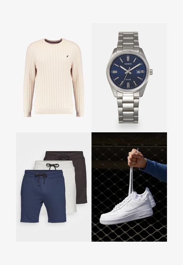 Kream pulover iz kabelskih pletenin z dolgimi rokavi in okroglo izrezom. Opremljen je z rebrastimi manšetami in robom ter s majhnim vezenim logotipom na prsih.; Komplet treh pari kratkih hlač: mornarsko modre, svetlo siva in temno siva. Narejene iz mehkega materiala z elastičnim pasom in vrvico.; Bela usnjena športna obutev s perforacijami, okroglo konico, ravnim podplatom in debelimi vezalkami, z vidnim logotipom smoosh in napisom "AIR" na peti.; Srebrna nerjaveča jeklena ura z modrim številčnico, kovinskimi kazalci ter oknom za datum na 3. uri. Vodoodporna do 50 metrov.