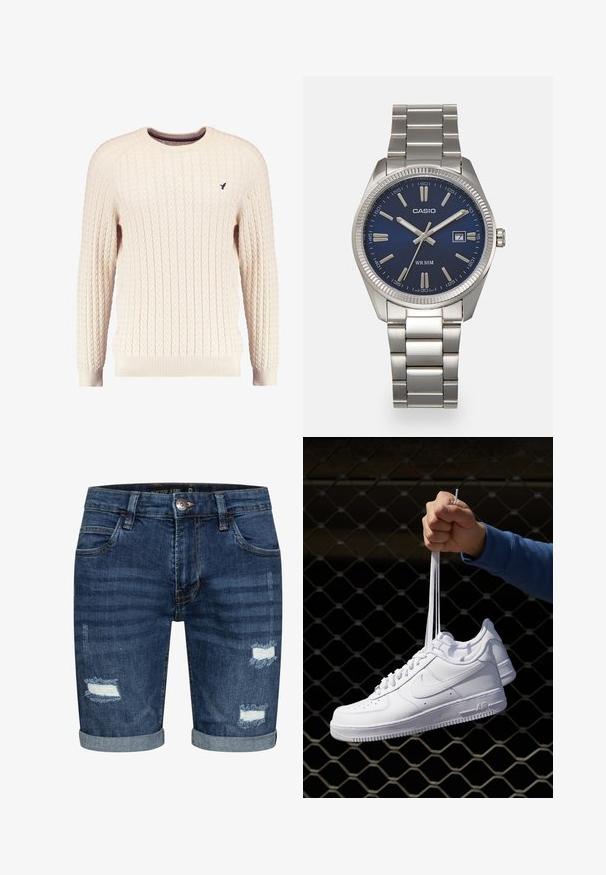 Krem pleteni pulover s dugim rukavima i okruglim izrezom. Ima rebraste manžete i donji rub, s malim izvezenim logom na prsima.; Tamno plave traperice s preklopom na rubovima, s istrošenim detaljima i poderanim rubovima sprijeda. Dizajn s pet džepova i kopčanjem na dugme.; Bijele kožne tenisice s perforacijama, okruglim vrhom, ravnim potplatom i debelim vezicama, s vidljivim swoosh logom i natpisom "AIR" na peti.; Srebrni sat od nehrđajućeg čelika s tamnoplavim brojčanikom, metalnim oznakama sati i prozorom za datum na 3 sata. Vodootporan do 50 metara.