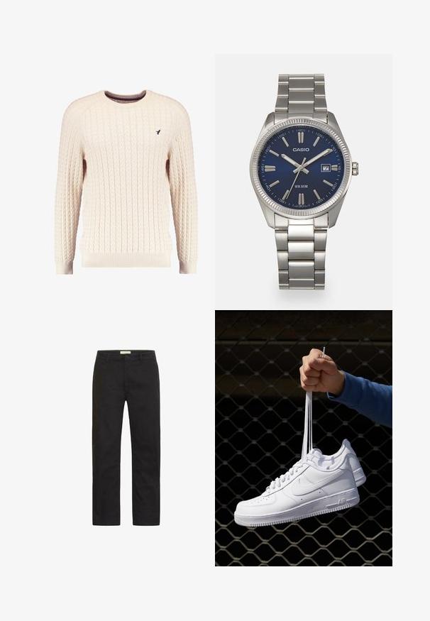 Cremefarvet kabelstrikket sweater med lange ærmer og rund hals. Har ribbede manchetter og kant, samt et lille broderet logo på brystet.; Sorte chinos i et glat bomuldsstof, med lige ben-design, forlommer og en enkelt knaplukning. Ingen synlige mønstre eller accenter.; Hvide lædersneakers med perforeringer, rund tå, flad sål og tykke snørebånd, med et synligt swoosh-logo og "AIR" på hælen.; Sølv rustfrit stål urrem med en marineblå urskive, metallic timemarkører og et datovindue kl. 3. Vandafvisende op til 50 meter.