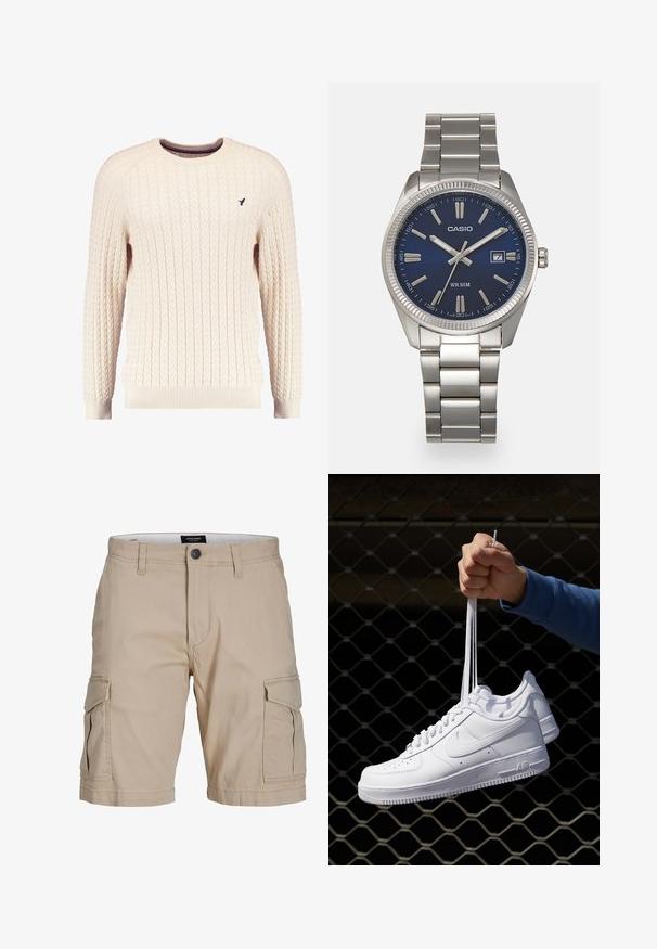 Maglione crema a trama cable con maniche lunghe e colletto tondo. Presenta polsini e orlo a costine, con un piccolo logo ricamato sul petto.; Pantaloni cargo beige realizzati in cotone, con multiple tasche laterali, chiusura in vita con bottone e design a taglio dritto.; Sneakers in pelle bianca con perforazioni, punta rotonda, suola piatta e lacci spessi, con logo swoosh visibile e "AIR" sul tallone.; Orologio da polso in acciaio inossidabile argento con quadrante blu navy, indici metallici e finestra della data alle 3. Resistente all'acqua fino a 50 metri.