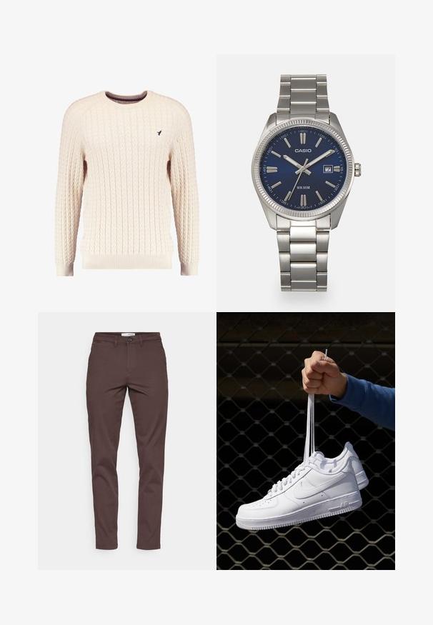 Cream cable-knit sweater with long sleeves and a crew neckline. Features ribbed cuffs and hem, with a small embroidered logo on the chest.; Brown cotton chinos featuring a straight leg design, front pockets, a button closure, and a clean finish at the hem.; White leather sneakers with perforations, round toe, flat sole, and thick laces, featuring a visible swoosh logo and "AIR" on the heel.; Silver stainless steel wristwatch with a navy blue dial, metallic hour markers, and a date window at 3 o'clock. Water-resistant to 50 meters.