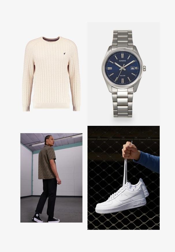 Krämfärgad kabelstickad tröja med långa ärmar och rundad halsringning. Har ribbstickade muddärmar och nederkant, med en liten broderad logotyp på bröstet.; Kortärmad skjorta i leopardtryck i brunt och svart, matchad med svarta byxor och svarta högskurna sneakers med vita detaljer.; Vita lädersneakers med perforeringar, rund tå, platt sula och tjocka snörning, med en synlig swoosh-logga och "AIR" på hälen.; Snygg klocka i silverfärgad rostfritt stål med en marinblå urtavla, metalliska timmarkörer och en datummarkering vid klockan tre. Vattentålig ner till 50 meter.