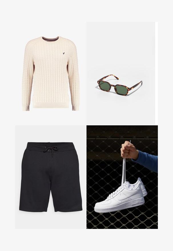 Maglione crema a trama cable con maniche lunghe e colletto tondo. Presenta polsini e orlo a costine, con un piccolo logo ricamato sul petto.; Pantaloni corti neri in cotone con vita elasticizzata e cordoncino. Presentano tasche laterali e una superficie liscia con cuciture. ; Sneakers in pelle bianca con perforazioni, punta rotonda, suola piatta e lacci spessi, con logo swoosh visibile e "AIR" sul tallone.; Occhiali da sole tartarugati con lenti verdi, dotati di una forma ottagonale e bracci sottili e curvi. Il materiale ha una finitura lucida.