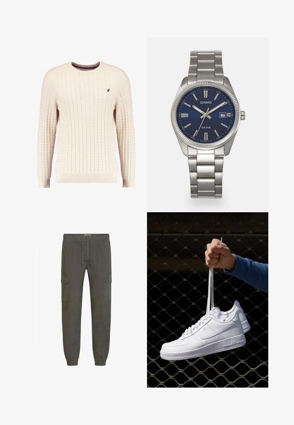 Cream cable-knit sweater with long sleeves and a crew neckline. Features ribbed cuffs and hem, with a small embroidered logo on the chest.; Cargo pants in dark olive green, featuring an elastic waistband with drawstring, side pockets, and elastic cuffs. Smooth, durable fabric.; White leather sneakers with perforations, round toe, flat sole, and thick laces, featuring a visible swoosh logo and "AIR" on the heel.; Silver stainless steel wristwatch with a navy blue dial, metallic hour markers, and a date window at 3 o'clock. Water-resistant to 50 meters.