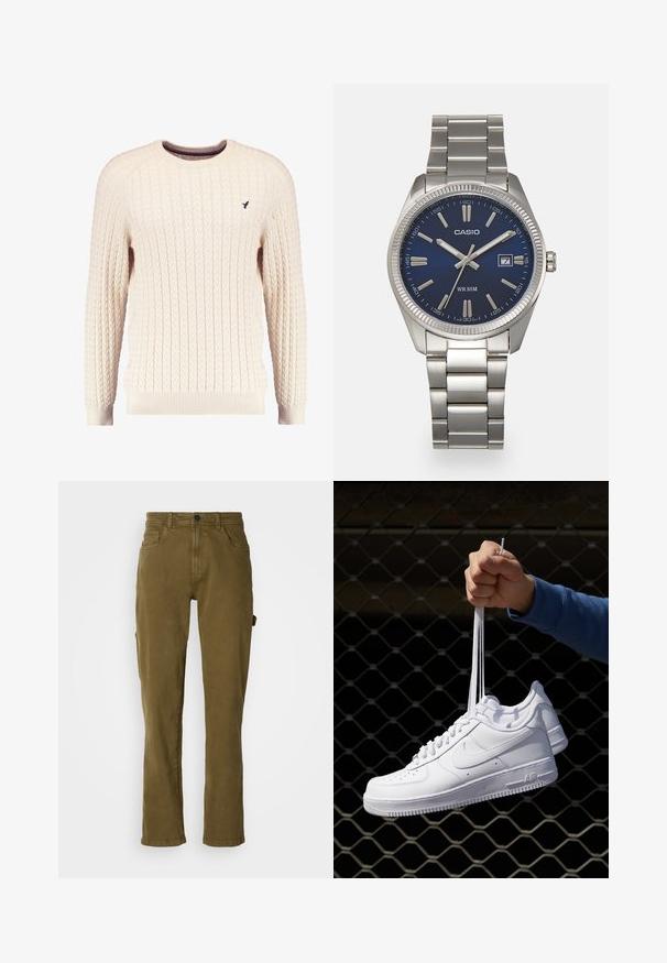 Cremfarbener Kabelle-Strickpullover mit langen Ärmeln und Rundhalsausschnitt. Mit gerippten Bündchen und Saum sowie einem kleinen gestickten Logo auf der Brust.; Olivgrüne Baumwollhose mit geradem Schnitt, ausgestattet mit einem Knopfverschluss vorne und seitlichen Taschen. Glatte Textur und klares Design.; Weiße Leder-Sneaker mit Perforationen, runder Zehenpartie, flacher Sohle und dicken Schnürsenkeln, mit sichtbar eingesticktem Swoosh-Logo und "AIR" an der Ferse.; Silberner Armbanduhr aus Edelstahl mit einem dunkelblauen Zifferblatt, metallischen Stundenmarkierungen und einem Datumsfenster bei 3 Uhr. Wasserdicht bis 50 Meter.