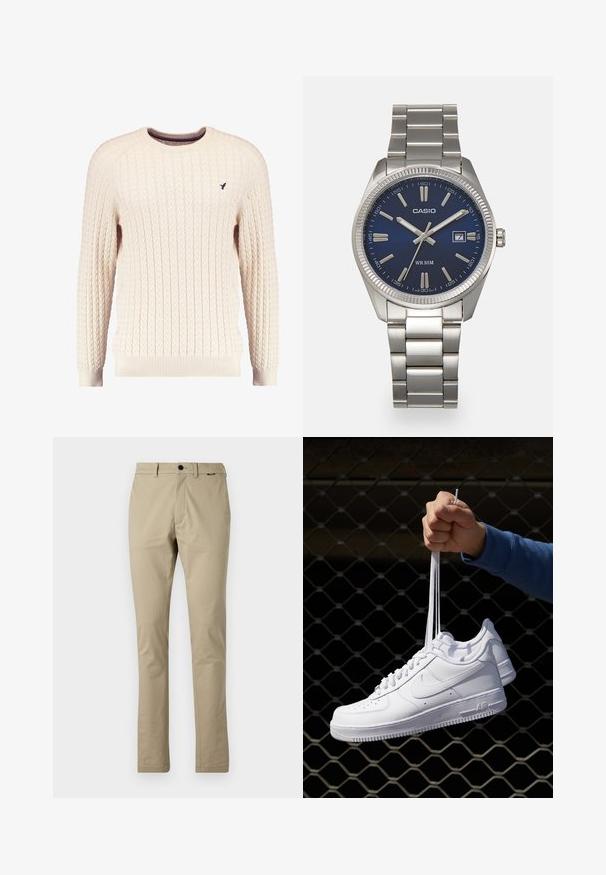 Krēmveida adīta džemperis ar garām piedurknēm un apaļu kakla izgriezumu. Tam ir ribota piedurkņu un apakšmalas apdare, kā arī neliels izsistais logotips uz krūšu daļas.; Calvin Klein MODERN SLIM - Chinos tipa bikses - london fog; Baltas ādas sporta apavi ar perforācijām, apaļu purngali, plakanu zoli un biezām šņorēm, ar redzamu swoosh logo un vārdu "AIR" uz papēža.; Sudraba nerūsējošā tērauda rokas pulkstenis ar tumši zilu ciparnīcu, metalizētiem stundu rādītājiem un datuma logu pie pulksten 3. Ūdensizturīgs līdz 50 metriem.