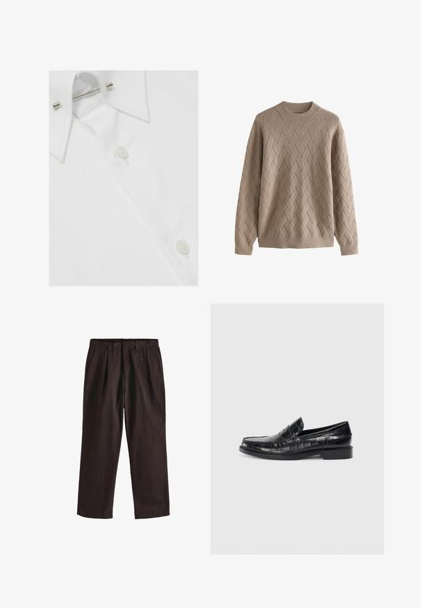 Beige kötött pulóver texturált gyémántmintával, kerek nyakkivágással és hosszú ujjakkal. Puha anyag ribbelt mandzsettákkal és aljjal.; Fehér pamut ing, klasszikus gallérral, gombos záródással és fém gallértartóval, sima, textúrált felülettel.; Next EDIT - REGULAR FIT - Nadrágok - brown; Fekete bőr mokaszinok, melyek struktúrált krokodilmintával, alacsony, rétegezett sarkú kivitelezéssel és kerek orrú dizájnnal rendelkeznek.