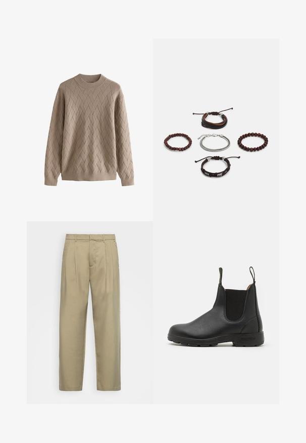 Beżowy sweter dzianinowy z teksturowanym wzorem diamentowym, z okrągłym dekoltem i długimi rękawami. Miękka tkanina z prążkowanymi mankietami i dołem.; Beżowe, wysokie spodnie o prostym kroju, z płaskim przodem, bocznymi kieszeniami i gładkim, teksturowanym materiałem.; Czarne skórzane botki Chelsea z elastycznymi bokami, pętelką do zakładania, wytrzymałą gumową podeszwą i widocznymi szwami. Gładka tekstura na całej powierzchni.; Zestaw pięciu bransoletek z brązowej skóry, drewnianych koralików i srebrnego łańcucha; różne faktury i kształty, z regulowanymi zapięciami.