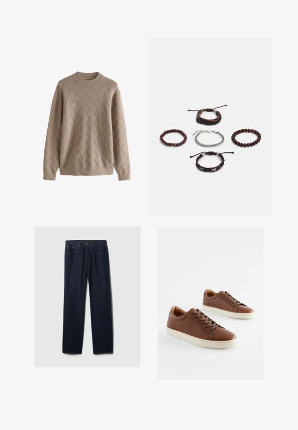 Bežs adīts džemperis ar teksturētu dimanta rakstu, ar apaļu kakla izgriezumu un garām piedurknēm. Mīksts audums ar ribinātām piedurknēm un apakšmalu.; Tumši zili taisni džinsi ar piecu kabatu dizainu, pogu aizdari un redzamu šuvumu uz vienkārša gaismas fona.; Brūni ādas sporta apavi ar gludu tekstūru, baltas gumijas zoles un atbilstošas brūnas saites. Noapaļota purna forma ar minimālām šuves detaļām.; Piecu aproču komplekts, kas sastāv no brūnas ādas, koka pērlītēm un sudraba ķēdes; dažādas tekstūras un formas, ar regulējamiem aizdariem.