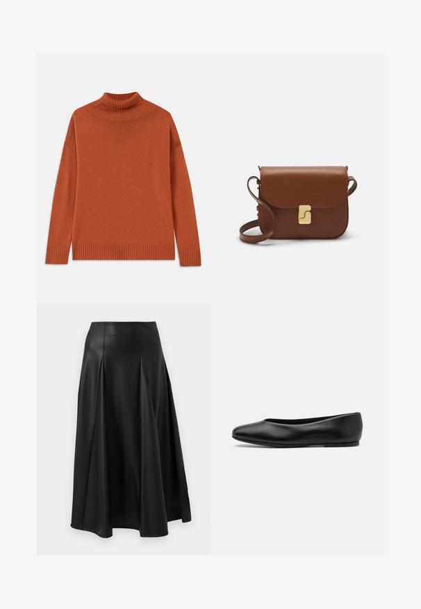 Turtleneck sweater in burnt orange, made of soft knit fabric. Features ribbed collar and hem, with a relaxed silhouette and long sleeves.; Black leather skirt featuring pleats, a smooth texture, mid-length design, and a fitted waistline. Minimalist style with no visible hardware.; Paul Smith TOPANGA - Ballet pumps - black; Brown leather handbag with a flap closure, gold-tone hardware, a shoulder strap, and a smooth texture. Compact rectangular shape.