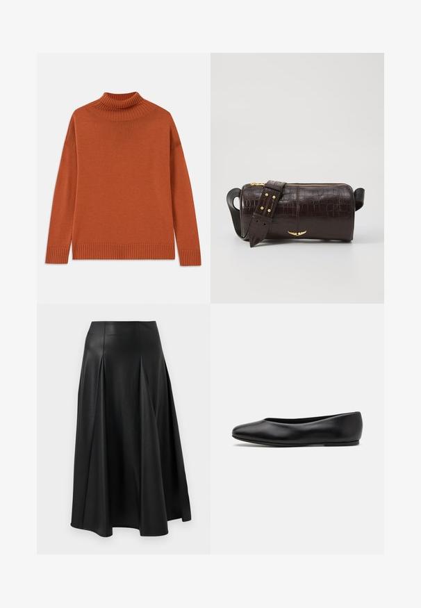 Turtleneck trui in verbrand oranje, gemaakt van zachte gebreide stof. Kenmerkt een geribde kraag en zoom, met een relaxte silhouet en lange mouwen.; Zwarte leren rok met plooien, een zachte textuur, middellange snit en een aangesloten taille. Minimalistische stijl zonder zichtbare hardware.; Paul Smith TOPANGA - Ballerina's - black; Bruine krokodil-embosserende leren tas met een cilindervorm, gouden hardware en een afneembare schouderband met studs.