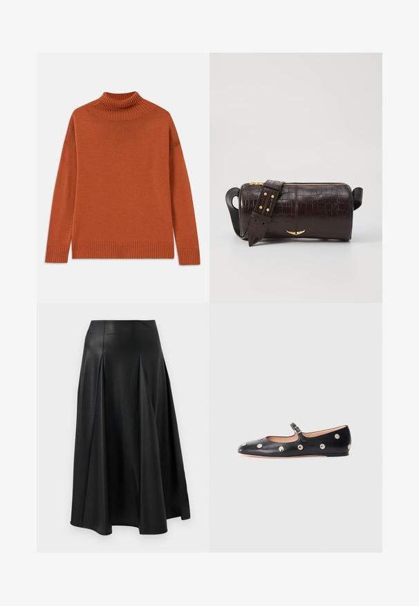 Paita turtleneck värissä poltettu oranssi, valmistettu pehmeästä neuloksesta. Siinä on ribbireunus kauluksessa ja helmassa, rento siluetti ja pitkät hihat.; Musta nahkahame, jossa on laskoksia, sileä rakenne, keskipitkä muotoilu ja istuva vyötärö. Minimalistinen tyyli ilman näkyviä varusteita.; Musta nahkainen Mary Jane -tyylinen tasapohjakenkä, jossa on pyöreä varvas. Kenkässä on hopeisia pyöreitä niittejä ja säätöremmi, jossa on solki.; Ruskea krokotiilinkuosilla varustettu nahkalaukku, jossa on sylinterimäinen muoto, kultasävyiset yksityiskohdat ja irrotettava hihna, jossa on niittejä.