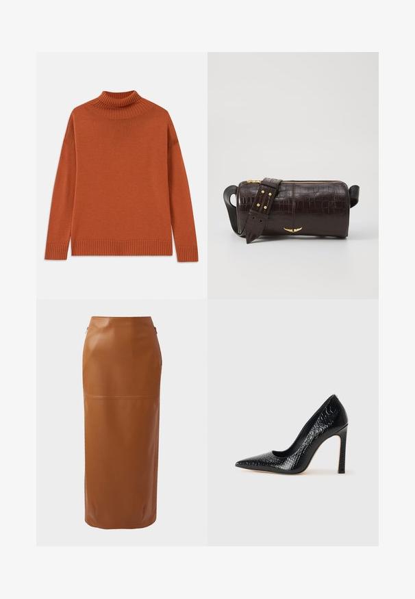 Sveter s rolákom v spáleno-oranžovej farbe, vyrobený z mäkkej pleteniny. Má rebrovaný golier a lem, uvoľnený strih a dlhé rukávy.; Hnedá kožená midi sukňa s priliehavým strihom, bočnými zipsami a hladkou textúrou. Obsahuje horizontálny ševový detail pri leme.; Čierna lodička s špicatou špičkou a lakovanou textúrou krokodíla, s elegantným dizajnom, vysokým stiletto podpätkom a hladkým čiernym interiérom.; Hnedá taška z kože s embosovaným vzorom krokodíla, cylindrického tvaru, so zlatými hardvérovými doplnkami a odnímateľným popruhom so štítkami.
