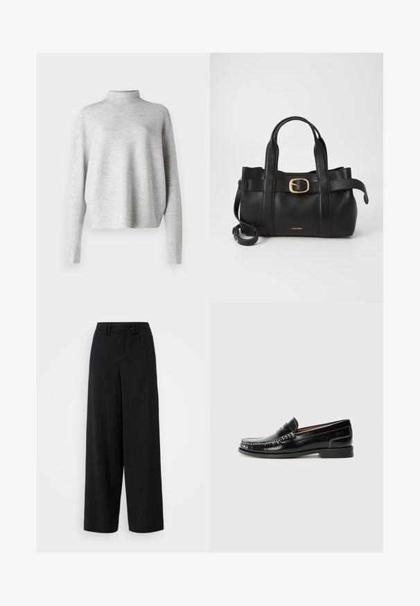 Light gray turtleneck sweater, made of soft fabric, featuring long sleeves and a relaxed fit, with a smooth, fine texture.; Black wide-leg trousers made of smooth fabric, featuring a flat-front design, pleated details, and belt loops at the waistband.; Black leather loafer with a stitched design, smooth finish, low block heel, and silver accent detailing. Classic rounded toe shape.; Black leather handbag featuring a structured design, dual top handles, gold-tone buckle accent, and embossed brand logo at the front.