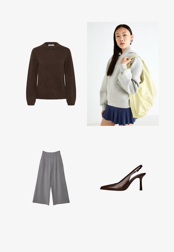Brązowy sweter dzianinowy z okrągłym dekoltem, długimi rękawami i miękką teksturą, charakteryzujący się prostym wzornictwem bez wzorów ani zdobień.; Szare spodnie z szerokimi nogawkami z teksturowanej tkaniny, z fałdami w talii i dwoma bocznymi kieszeniami. Zaprojektowane w fasonie ze średnim stanem.; Brązowe skórzane sandały typu slingback z ostrym noskiem i cienkim obcasem. Posiadają małą klamrę akcentującą na pasku oraz błyszczące wykończenie.; Szara, oversize bluza z kapturem z kieszenią kangurzą, zestawiona z granatową spódnicą w kształcie dzwonu. Akcesorium: duży, jas złoty plecak o gładkiej fakturze.