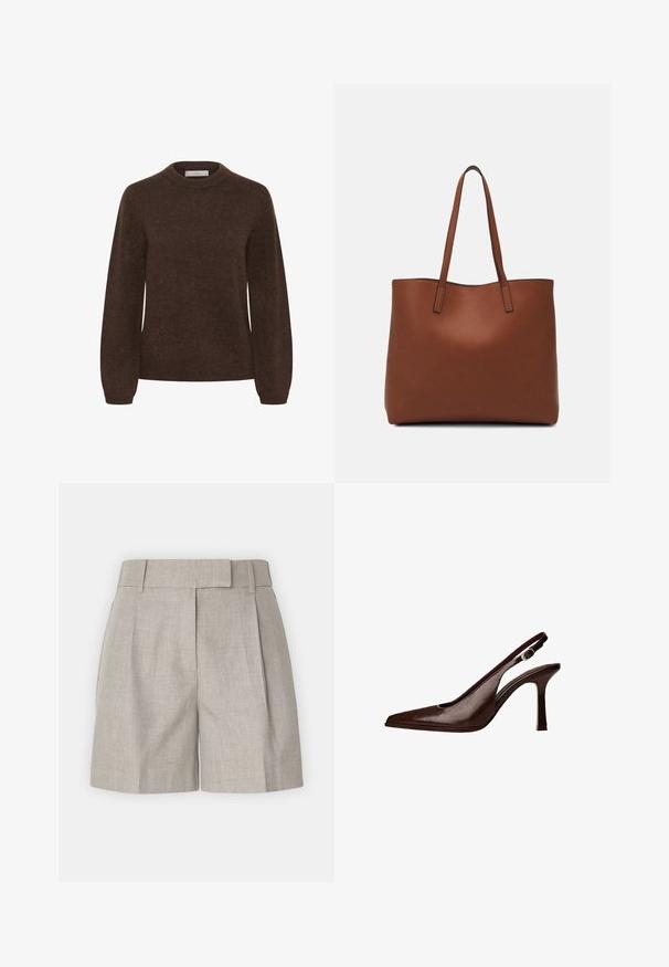 Barna kötött pulóver, kerek nyakkivágással, hosszú ujjal és puha textúrával, egyszerű dizájnnal, minta vagy díszítés nélkül.; Világosszürke nadrág, amely struktúrált derékkal, redőkkel és laza szabással rendelkezik, sima len textúrával. Egyszerű és sokoldalú dizájn.; Barna bőr slingback pumpa hegyes orral és vékony sarokkal. A pánton egy kis díszcsat található, valamint fényes felülettel rendelkezik.; Barna bőr vászontáska sima textúrával, nyitott tetejű dizájnnal és két vállpánttal. Minimális varrással és látható hardver nélkül készült.