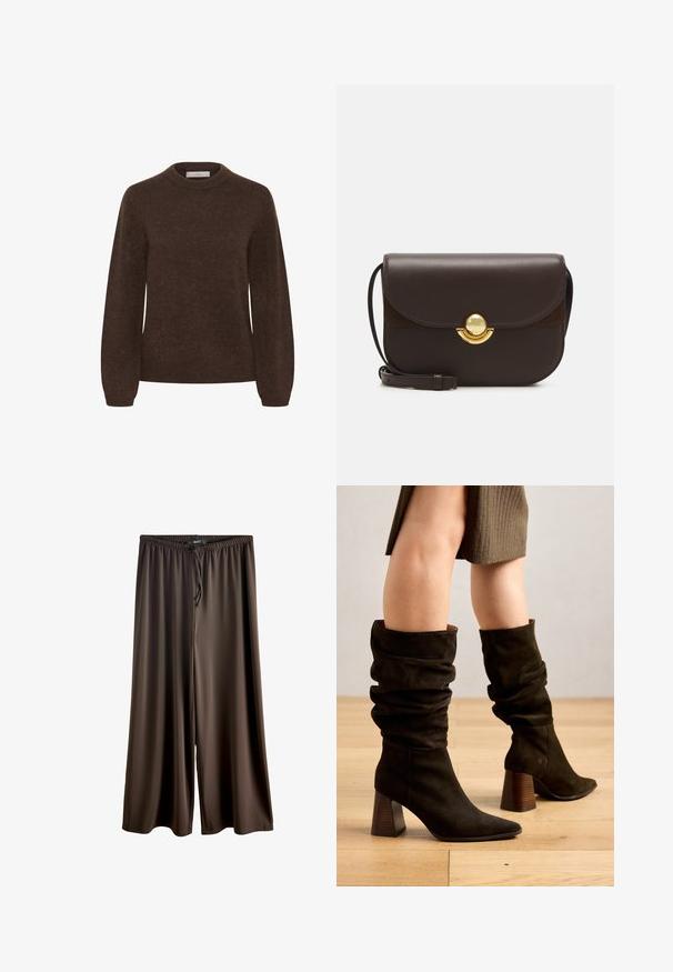 Pruun kudumistega sviiter, millel on ümmargune kaelus, pikad varrukad ja pehme tekstuur, omades lihtsat disaini ilma mustrite või kaunistusteta.; Pruunid laiad püksid, valmistatud sujuvast ja kergekaalulisest kangast. Omavad elastset vööd, millel on reguleeritav nöör, et tagada sobivus.; Tumedast rohelisest nahast pehmed saapad terava nina ja puidust kõrgendatud kontsaga, millel on pehme tekstuur ja langev ülaosa disain.; Furla SFERA ROUND - Ülerinna-kott - cioccolato