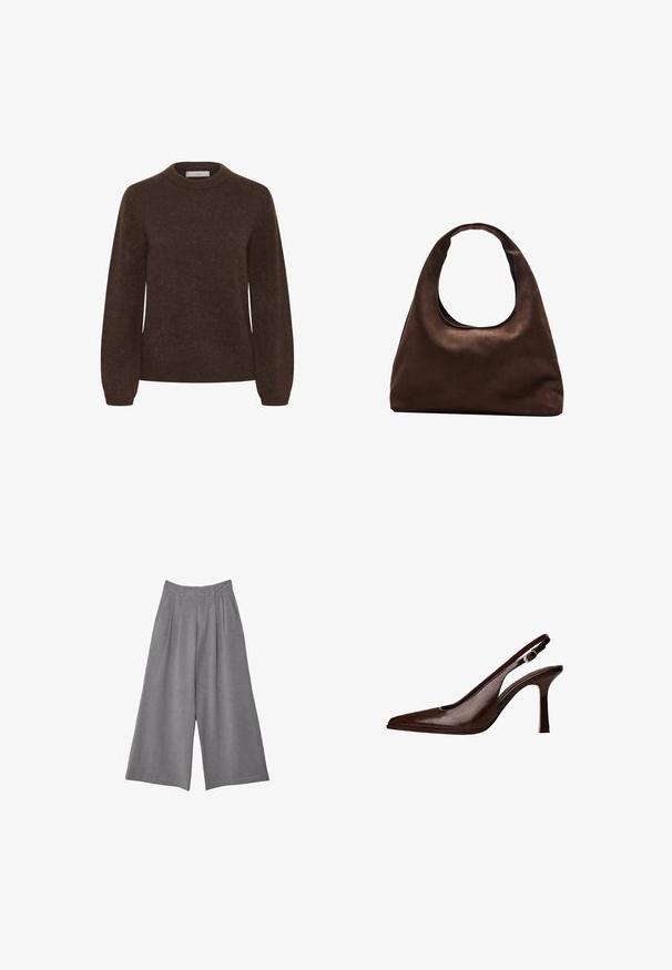 Rjav pleteni pulover z okroglim izrezom, dolgimi rokavi in mehkobo, ki se ponaša s preprosto zasnovo brez motivov ali okraskov.; Sive široke hlače iz strukturirane tkanine, z gubami na pasu in dvema stranskima žepoma. Oblikovane z srednje visokim pasom.; Rjava usnjena slingback čevlja s koničastim nosom in tankim petam. Ima majhno dekorativno sponko na traku in sijajno površino.; Mehakna rjava torbica v hobo stilu z enim širokim trakom in ukrivljenim odprtjem na vrhu, prikazana na beli podlagi.