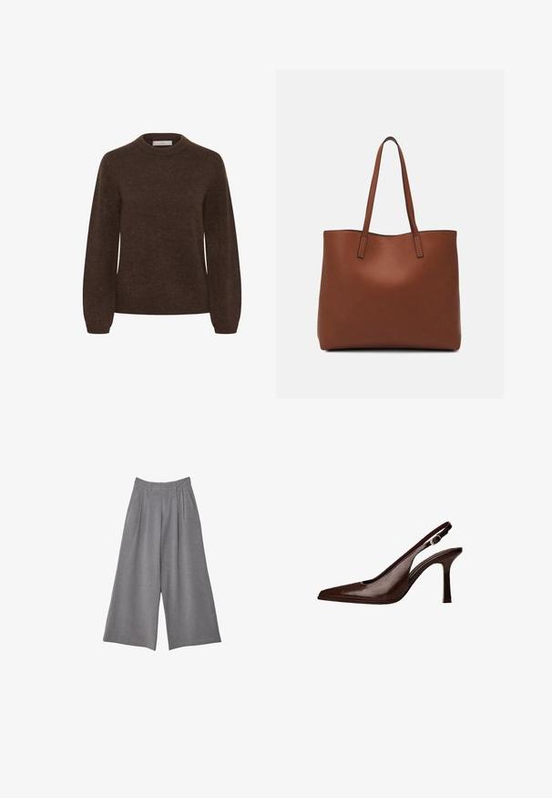 Bruin gebreid sweater met een ronde hals, lange mouwen en een zachte textuur, met een eenvoudig ontwerp zonder patronen of versieringen.; Grijze wijde broek met een textuurstof, voorzien van plooien bij de taille en twee zijzakken. Ontworpen met een mid-rise pasvorm.; Bruine lederen slingbackpomp met een spitse neus en een dunne hak. Voorzien van een kleine accentgesp op de band en een glossy afwerking.; Bruine leren tote bag met een gladde textuur, een ontwerp met een open bovenkant en twee schouderbanden. Kenmerkt zich door minimale stiksels en geen zichtbare hardware.