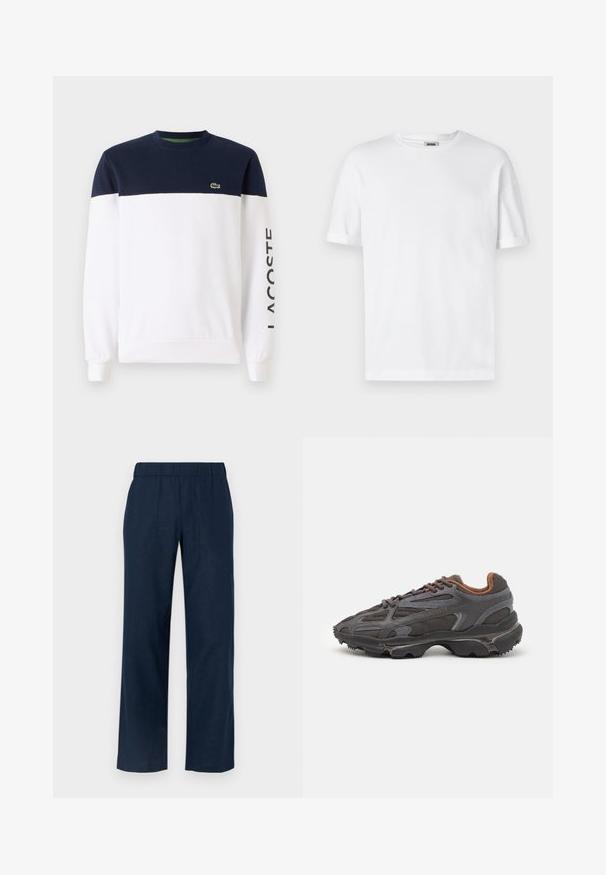 Sudadera de manga larga azul marino y blanca con cuello redondo, que cuenta con un forro interior verde y "LACOSTE" impreso en negro en la manga.; Camiseta de algodón blanca con cuello redondo, mangas cortas y puños enrollados; diseño sin adornos, textura suave y corte recto.; Pantalones de pierna ancha en azul marino con cintura elástica, que cuentan con dos bolsillos frontales y una textura de tela suave y ligera.; Zapatillas Lacoste en gris oscuro con material de malla y sintético, que cuentan con una suela texturizada y detalles en marrón en el cuello y la marca.
