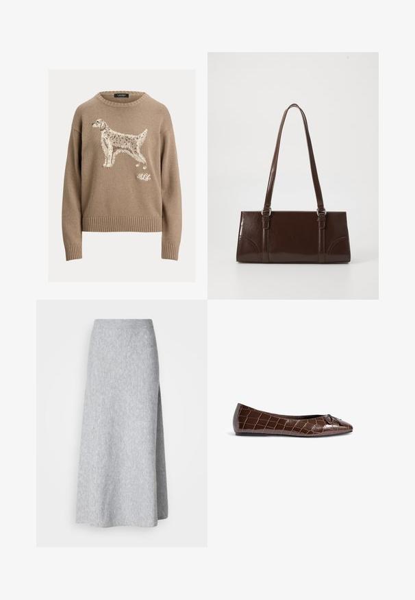 Maglione beige lavorato a maglia con un design testurizzato di un cane sul davanti e polsini e orlo a coste. Il logo del marchio è presente in bianco in basso a destra.; Gonna midi grigio chiaro in maglia morbida con vita a costine e spacchi laterali, esposta su uno sfondo bianco.; Ballerine in vernice marrone con motivo coccodrillo e un elegante fiocchetto decorativo sulla punta. Texture liscia e forma affusolata.; Borsa in pelle verniciata marrone di forma rettangolare, con due manici lunghi e sottili accenti curvi sul davanti.