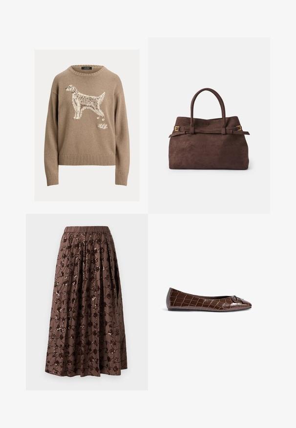 Beige stickad tröja med en texturerad hunddesign framtill samt ribbstickade muddar och nederkant. Logotypen för varumärket syns i vitt i det nedre högra hörnet.; Brun midi kjol med elastisk midja, prydd med blommiga paljetter, plisserad design och en mjuk tygtextur.; Brun lackläderballetskor med krokodilsmönster och en dekorativ rosett på tån. Slät textur och spetsig form.; Brun mockaskinnväska med en strukturerad form, som har ett handtag upptill och dekorativt spänne fram. Slät textur genom hela väskan.