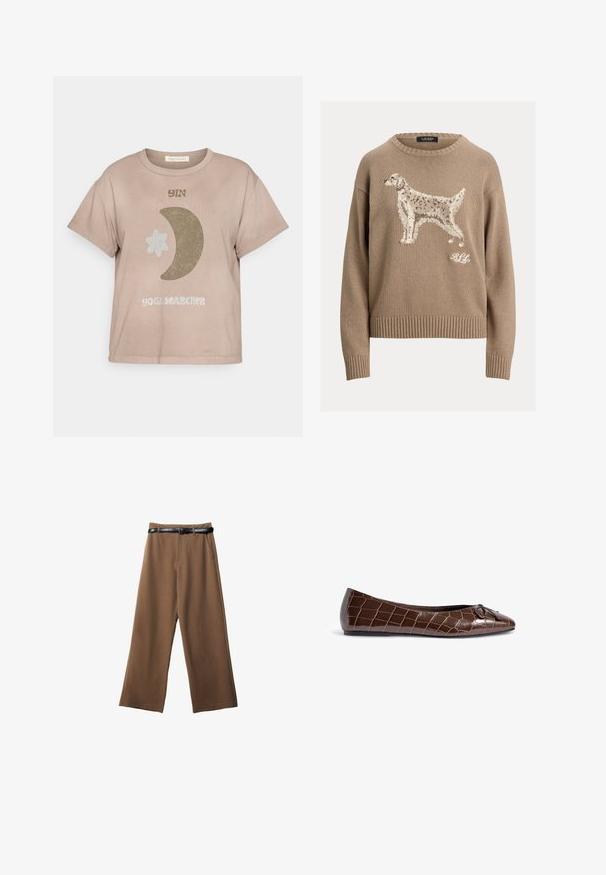 Beiger Strickpullover mit einem strukturierten Hundedesign auf der Vorderseite sowie gerippten Bündchen und Saum. Das Markenlogo erscheint in Weiß auf der unteren rechten Seite.; Kurzärmliges T-Shirt aus taupefarbener Baumwolle mit dem Aufdruck "YIN", einer Mondsichel und einem Stern in erdigen Farben. Es hat eine lockere Passform.; Braune weit geschnittene Hosen mit glatter Textur, ausgestattet mit einem schwarzen Gürtel, zwei vorderen Taschen und einem taillierten Design.; Braune Lackleder-Ballettschuhe mit Krokodilmuster und einer dekorativen Schleifenakzent an der Spitze. Glatte Textur und spitze Form.