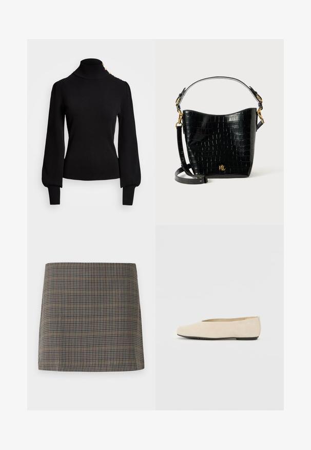 Mustat poolokaulustakki, jossa on ribbikuvio, puffihihoja, vartalonmyötäinen malli ja kultanappikoristeet olkapäillä.; Ruudullinen minihame, jossa on ruskeita, beigejä ja laivastonsinisiä sävyjä, sileä pinta ja suora leikkaus, suunniteltu ilman näkyviä kiinnityksiä.; Beige mokkanahka ballerinat, pyöreällä varpaalla, littealla pohjalla ja vähäisellä muotoilulla. Pehmeä tekstuuri ilman näkyviä metalliosia tai koristeita.; Musta krokotiilinjäljitelmästä valmistettu laukku, jossa on kaareva muoto, kultaiset yksityiskohdat, säädettävä olkahihna ja logotiedot edessä.