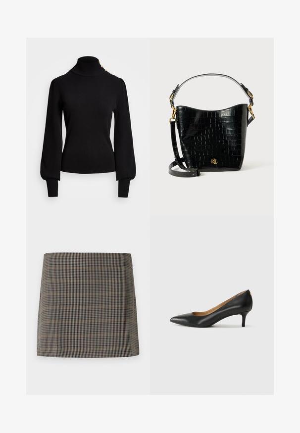 Fekete garbós pulóver bordázott textúrával, puffos ujjal, testhezálló fazonnal és aranygombos díszítéssel a vállán.; Kockás mini szoknya barna, bézs és tengerészkék árnyalatokkal, sima textúrával és egyenes szabással, látható zárás nélkül tervezve.; Fekete bőrpumpa hegyes orral, alacsony sarokkal és sima felülettel. Elöl enyhe nyílással rendelkezik, hátul pedig minimális részletezéssel.; Fekete krokodil bőrhatású táska ívelt formával, arany színű fémalkatrészekkel, állítható pánttal és logó részlettel elöl.