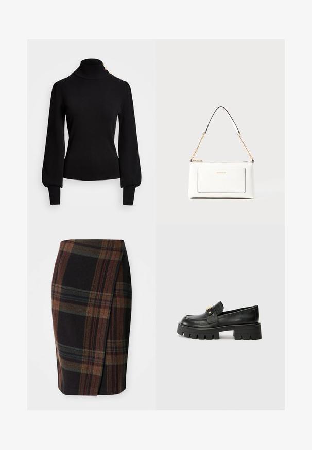 Μαύρο πουλόβερ με ψηλό λαιμό και ριγωτή υφή, φουσκωτά μανίκια, εφαρμοστό σώμα και χρυσά κουμπιά στις ώμους.; Περίγραμμα μολυβιού από ταρτάν σε σκούρες αποχρώσεις με οριζόντια και κατακόρυφα μοτίβα. Φτιαγμένο από μαλλί, με πλευρική σχισμή για ευκολία κινήσεων.; Μαύρες δερμάτινες loafers με χοντρή σόλα, που διαθέτουν ένα χρυσό τόνο μπροστά και λεία φινίρισμα. Σχεδίαση χοντρής προφίλ στη σόλα.; Λευκή δερμάτινη τσάντα με υφή, διαθέτει χρυσή αλυσίδα και μαύρες λεπτομέρειες. Περιλαμβάνει μπροστινή τσέπη και κλείσιμο με φερμουάρ.
