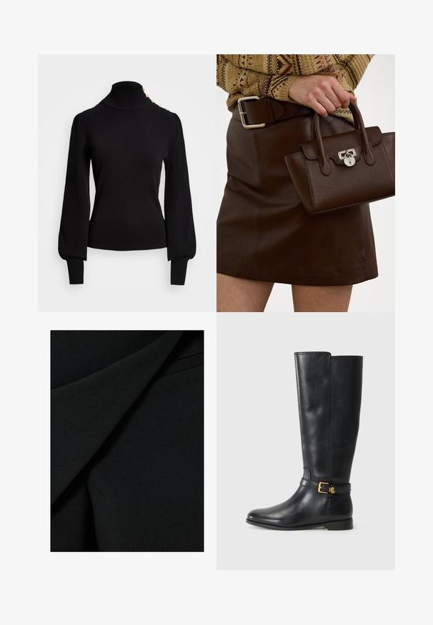 Sort tætsiddende striktrøje med ribbet tekstur, puffÆrmer, tætsiddende krop og guldknapdetaljer på skuldrene.; Sort stof med en glat, mat tekstur, der har lagdelte folder og en struktureret design, der skaber et elegant udseende.; Sort læderknæhøj støvle med en guldbeslag detalje. Designet er slankt og elegant, sat mod en hvid baggrund.; Brun læderhåndtaske med en struktureret overflade og sølvhardware, holdt i hånden ved siden af en brun lædernederdel og en mønstret sweater.
