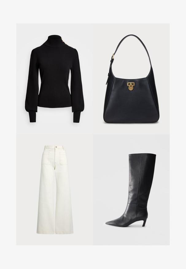 Črn pulover z visokim ovratnikom, z rebrasto teksturo, napihnjenimi rokavi, prilegajočim telesom in zlatimi gumbi na rami.; Široke jeans hlače v off-white denim tkanini. Visok pas z gumbnim zapiranjem, dvema sprednjima žepoma in detajli kontrastnega šivanja.; Črne usnjene čizmice do kolen z usnjenim konico, strukturirano zasnovo in zmerno peto. Gladka tekstura, minimalni šivi.; Črna usnjena torbica čez ramo s klenjeno obliko, ki vključuje zlato zaklepanje in zaokrožen pas. Gladka tekstura z minimalnimi detajli.