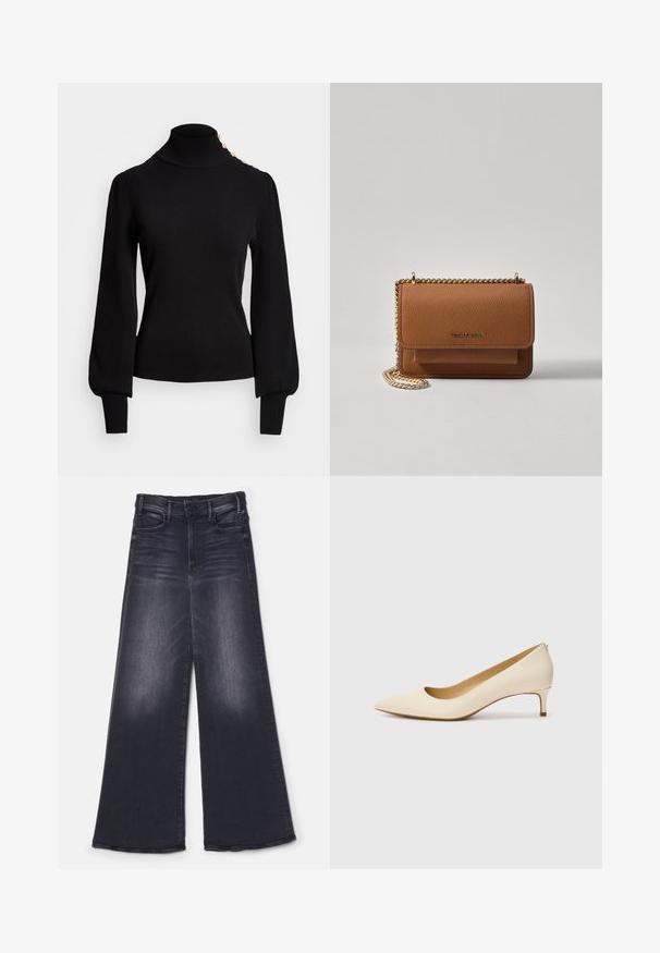 Pulover negru cu guler înalt, cu textură cilindrică, mâneci bufante, croială ajustată și accente cu nasturi aurii pe umăr.; Mother THE HUSTLER ROLLER SNEAK - Wide leg - not today satan; Pantofi pump bej cu vârful ascuțit, fabricați dintr-un material sintetic neted, având un toc mic și un design slip-on cu un detaliu subtil la spate.; Geantă crossbody din piele texturată maro, cu curea din lanț aurit și închidere cu clapetă. Partea din față prezintă detalii cu logo și o buzunar sub clapetă.
