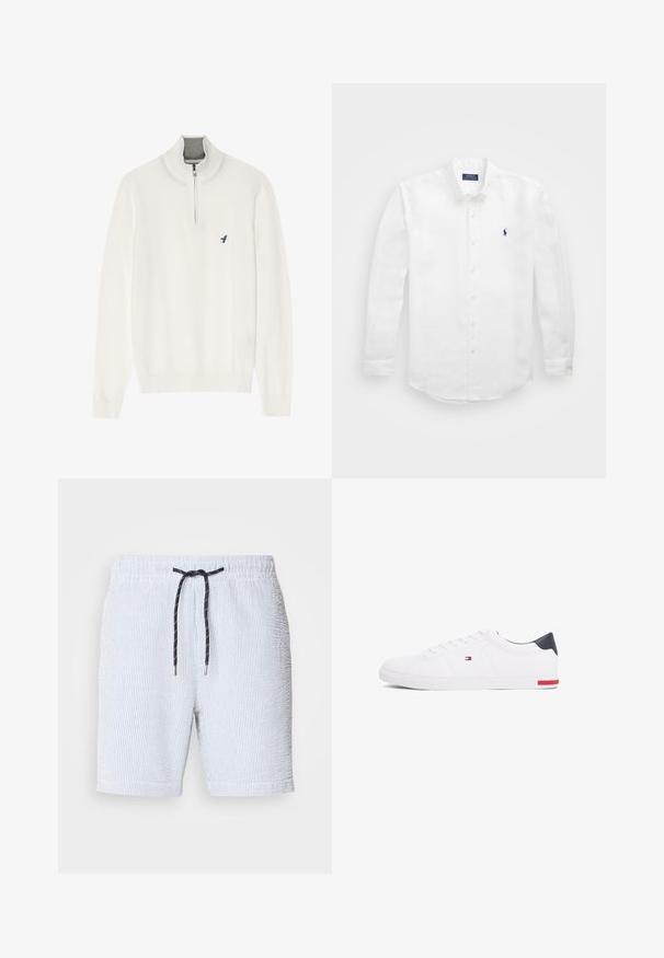 Biały sweter z dzianiny z wysokim kołnierzem, zapinany na ćwiartkowy suwak, z małym niebieskim logo ptaka na lewej piersi. Miękka tekstura, ściągacze na rękawach.; Biała koszula z długim rękawem wykonana z bawełny, z kołnierzykiem na guziki, z małym granatowym logo na lewej piersi i klasycznym zapięciem na guziki.; Pasiasty strój kąpielowy w jasnoniebieskim i białym kolorze, z elastycznym pasem w talii, wiązanym granatowym sznurkiem i małymi srebrnymi końcówkami.; Białe niskie tenisówki wykonane z gładkiej skóry. Posiadają granatowy zapiętek i czerwony akcent na podeszwie. Sześć oczek na sznurowadła.