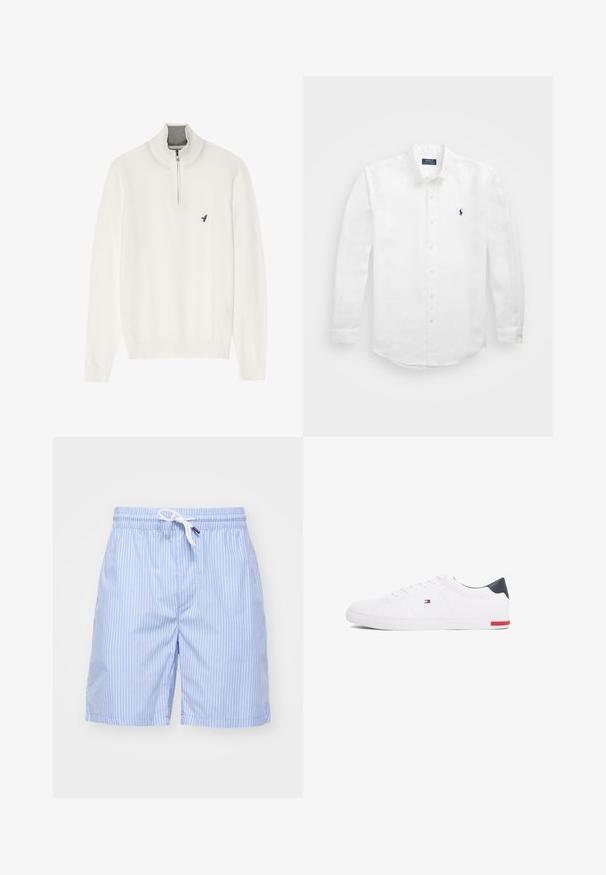 Maglione bianco a maglia con collo alto, caratterizzato da una zip a quarto e un piccolo logo di un uccellino blu sul petto a sinistra. Tessuto morbido, polsini a coste.; Camicia bianca a maniche lunghe in cotone con colletto impunturato, caratterizzata da un piccolo logo blu navy sul lato sinistro del petto e chiusura con bottoni classica.; Costumi da bagno a righe blu chiaro realizzati in tessuto morbido. Presentano un laccetto bianco e tasche laterali. Lunghezza fino a metà coscia con taglio dritto.; Sneakers bianchi a punta bassa realizzati in pelle liscia. Presentano una tomaia blu navy sul tallone e un accento rosso sulla suola. Sei occhielli per i lacci.