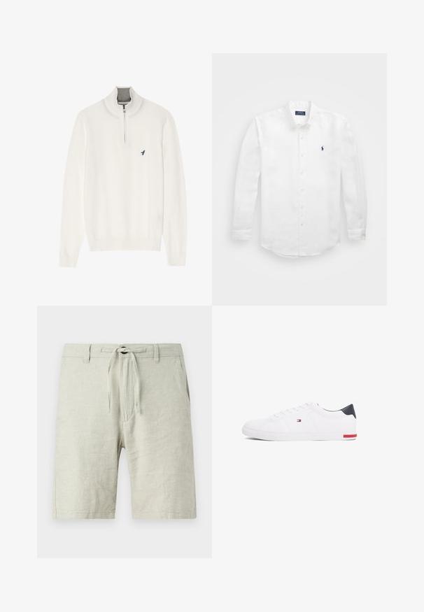 White knit sweater with a high collar, featuring a quarter zip and a small blue bird logo on the left chest. Soft texture, ribbed cuffs.; White long-sleeve shirt made of cotton with a button-down collar, featuring a small navy logo on the left chest and classic button fastening.; Light gray linen shorts with an elastic drawstring waistband, side pockets, and a relaxed fit. Textured fabric with slight shimmer.; White low-top sneakers made of smooth leather. Features a navy heel cap and a red accent on the sole. Six eyelets for laces.