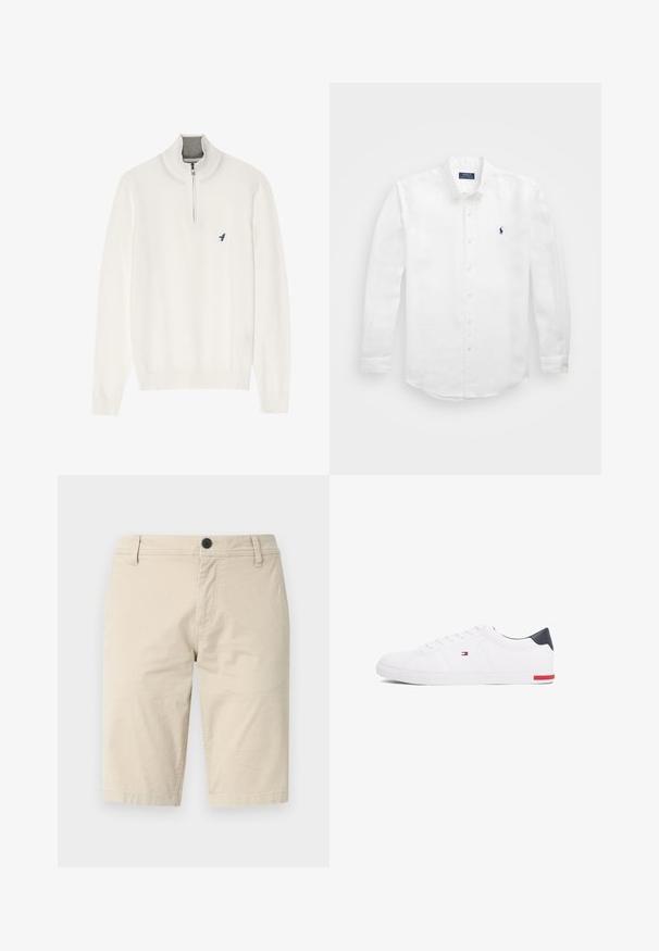 Pull en maille blanche avec un col montant, doté d'une fermeture éclair d'un quart et d'un petit logo d'oiseau bleu sur la poitrine gauche. Texture douce, poignets côtelés.; Chemise blanche à manches longues en coton avec un col boutonné, affichant un petit logo marine sur la poitrine gauche et un système de fermeture classique par boutons.; Shorts beiges en tissu léger, avec un devant plat, une fermeture à un bouton et deux poches latérales ; texture lisse.; Baskets basses blanches en cuir lisse. Dotées d'un talon en bleu marine et d'un accent rouge sur la semelle. Six œillets pour les lacets.