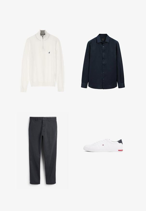 Vit stickad tröja med hög krage, kvartszip och en liten blå fågellogo på vänster bröst. Mjuk textur, ribbade muddar.; Marinblå långärmad skjorta i linne med knäppbar krage, framknäppning och manschetter. Har en subtil textur och en lätt design.; Mörkgrå chinos med flat front, sidofickor och knäppning. Slät bomullstyg, tapered bendesign och minimalistisk stil.; Vita låga sneakers i slätt läder. Har en marinblå hälkappa och en röd detalj på sulan. Sex öglor för snörning.