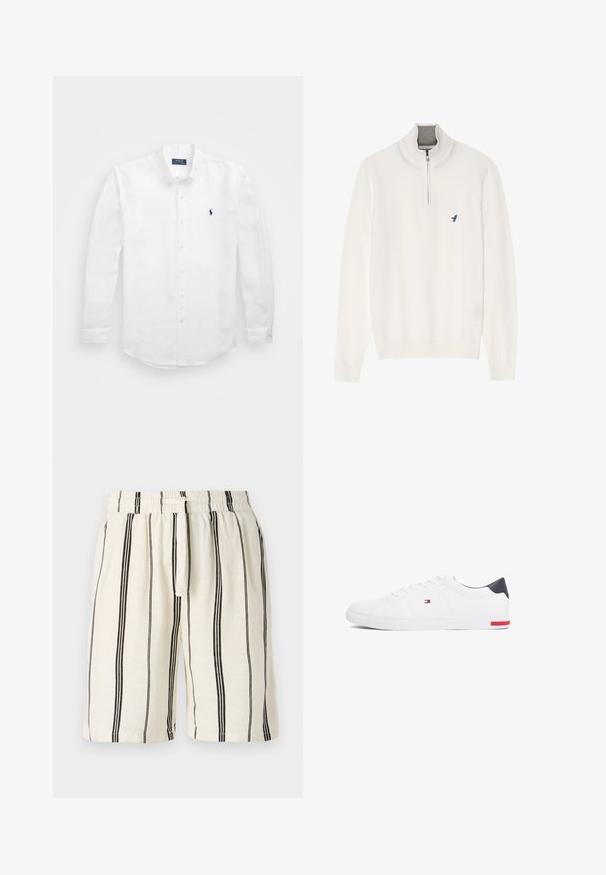 Hvit strikkegenser med høy krage, med kvartglidelås og en liten blå fuglelogo på venstre bryst. Myk tekstur, ribbestrikkede mansjetter.; Hvit langermet skjorte laget av bomull med krage som kan kneppes, som har en liten marineblå logo på venstre bryst og klassisk knappefeste.; Linenshorts med en kremfarget base og vertikale svarte striper, elastisk midjebånd og snøring. Løs passform, kne-lengde.; Hvite lave sneakers laget av glatt lær. Har en marineblå hælhette og en rød detalj på sålen. Seks hull til lisser.